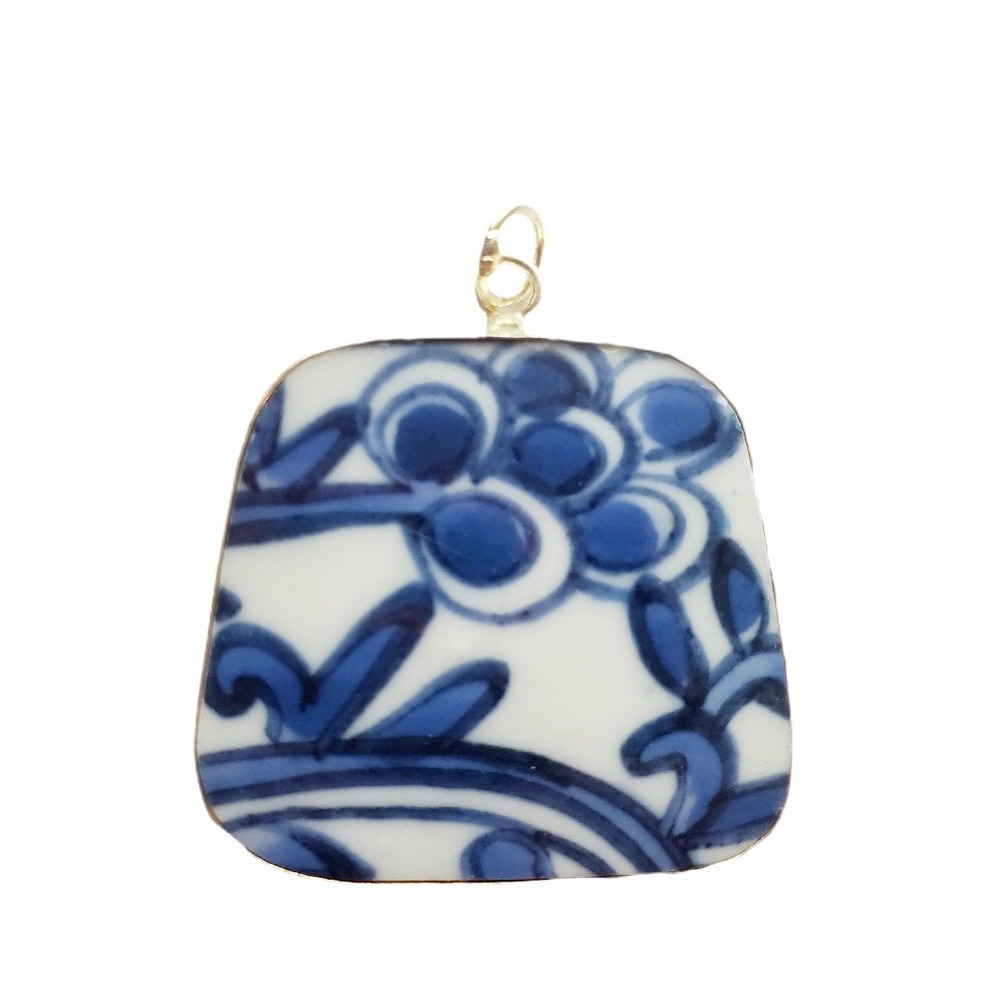 Ming Blue & White Floral‎ Pottery Shard Pendant Repurposed Broken China Jewelry